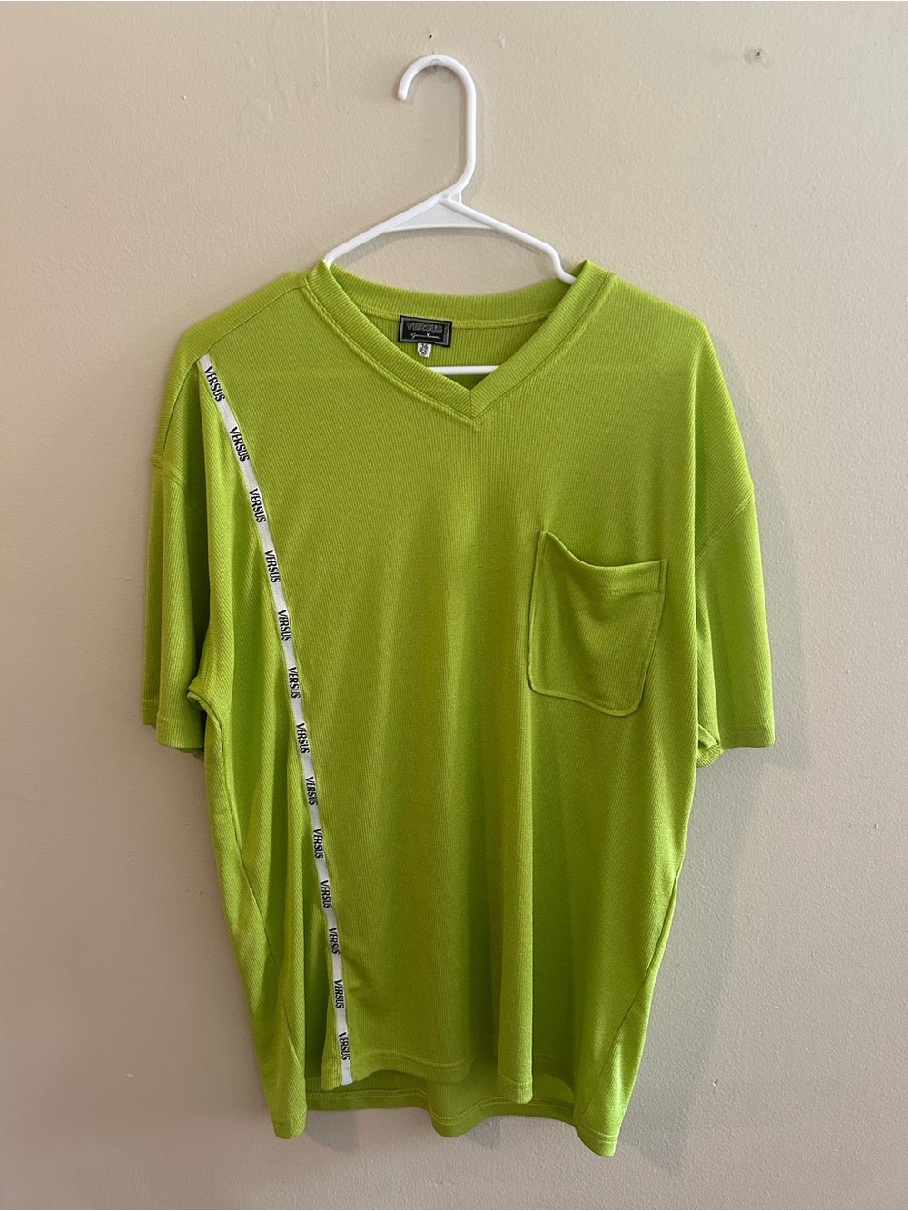 Versace Lime Green V-Neck Short Sleeve Tee with Logo Tape. 90’s Vintage
